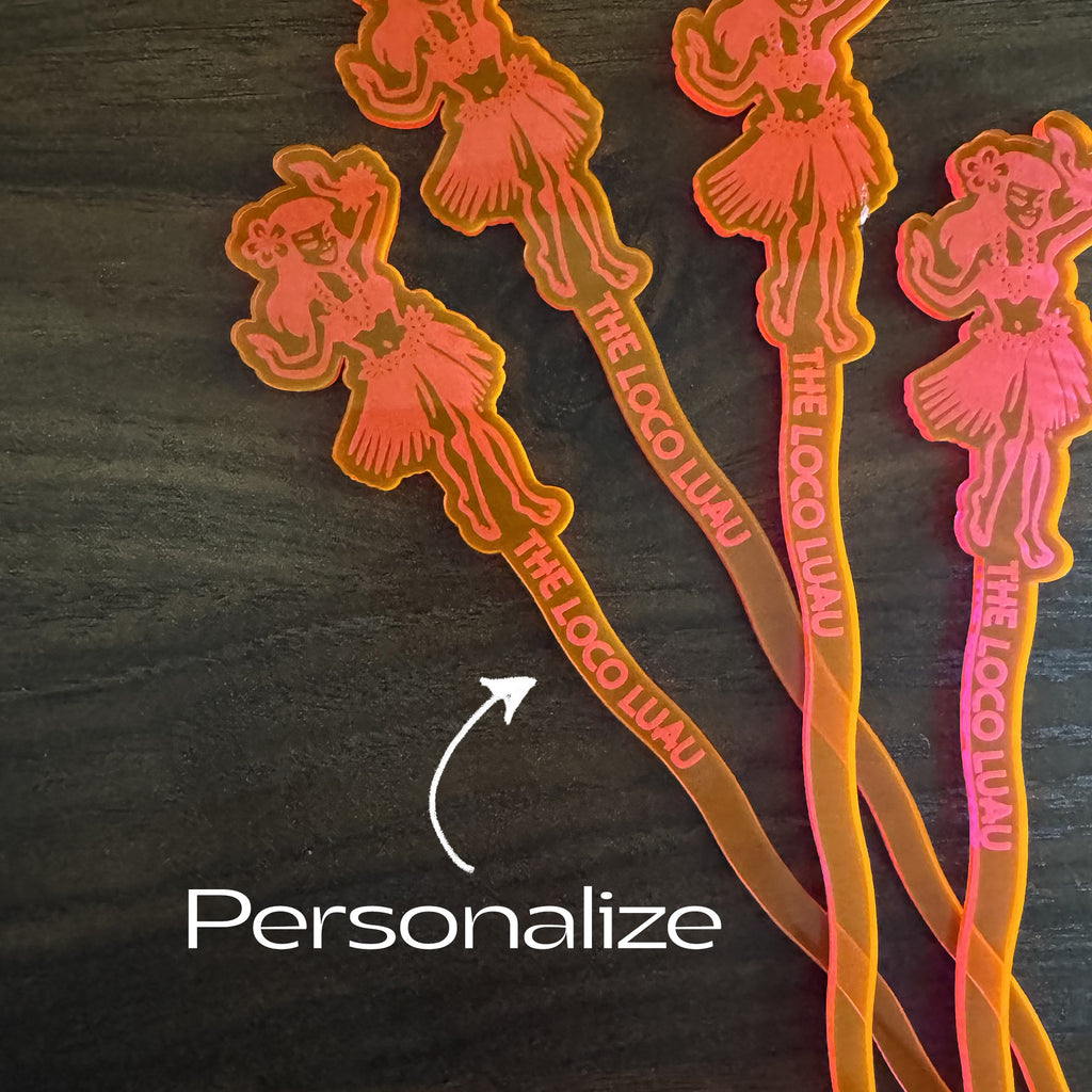 Hula Dancer "Loco Luau" Personalized XL Swizzle Sticks branding on a dark background