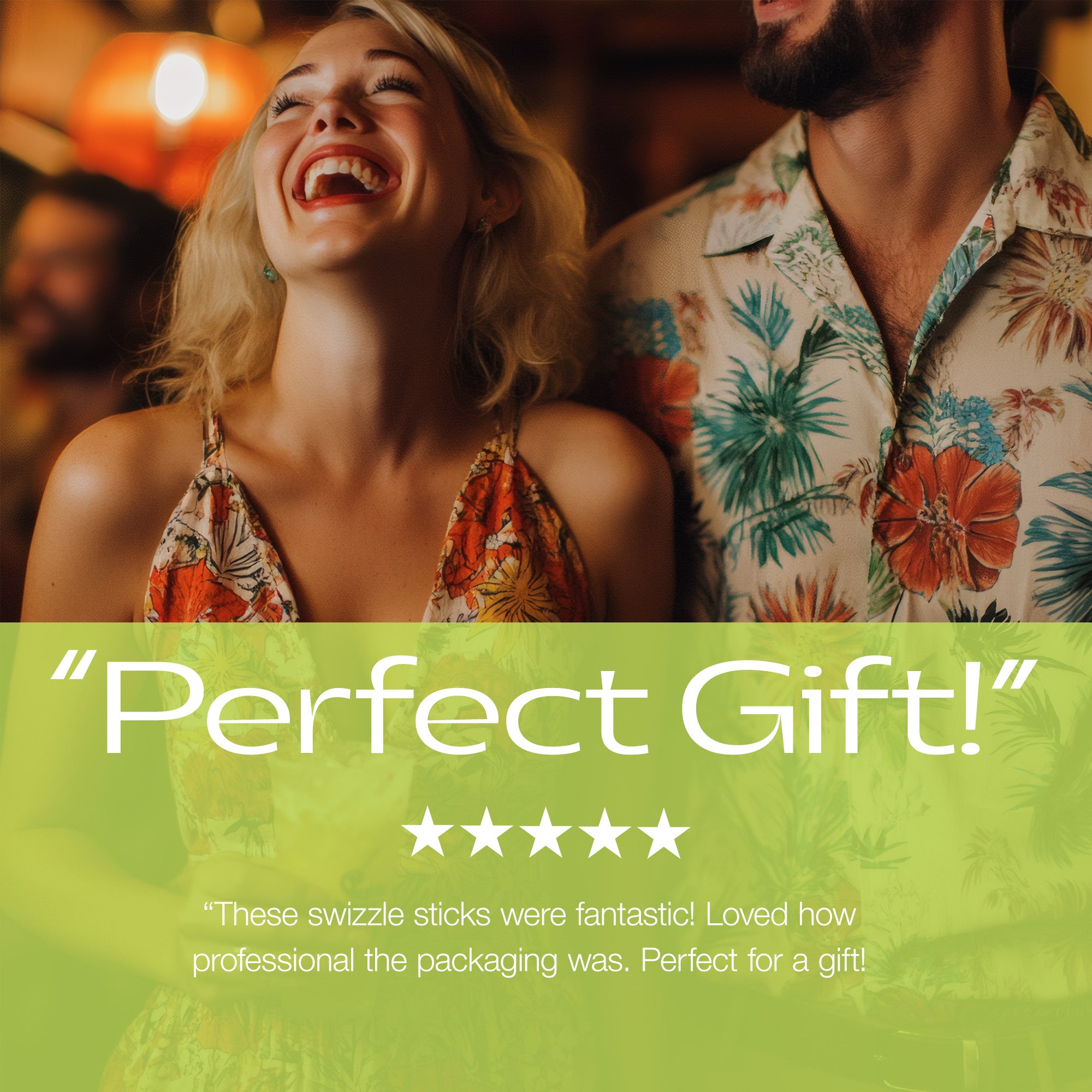 Two people laughing with a 'Perfect Gift!' text overlay and review. Customer review for Rivers and Caves "Perfect Gift"