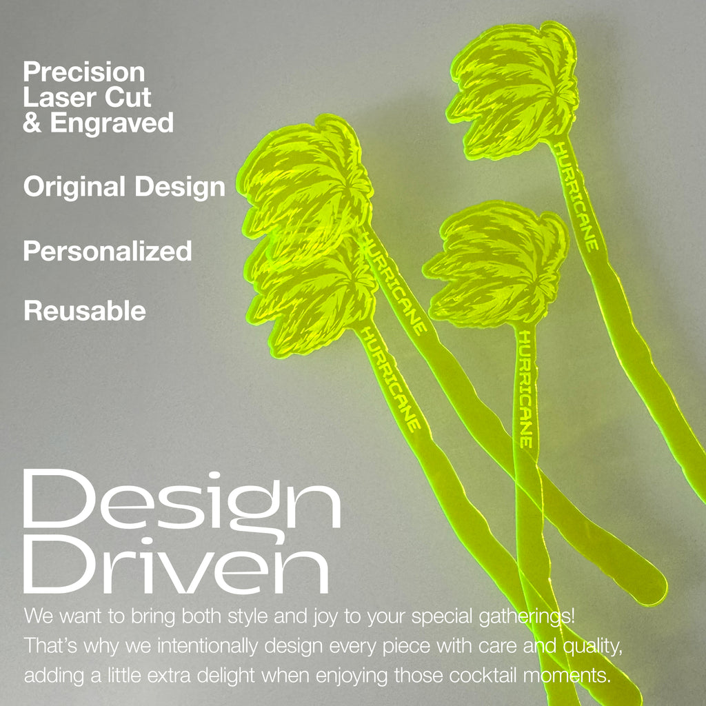 Hurricane Personalized Swizzle Sticks, Custom Palm Tree Tiki Bar Drink Stirrers  with 'Hurricane' branding on a gray background, featuring text about product features and design philosophy.