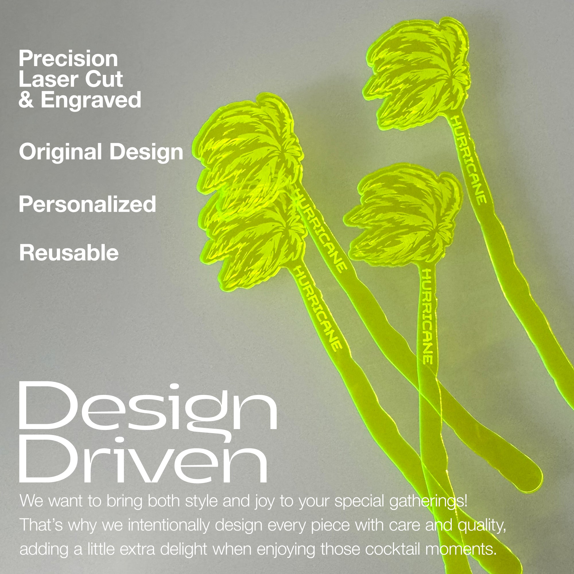 Hurricane Personalized Swizzle Sticks, Custom Palm Tree Tiki Bar Drink Stirrers  with 'Hurricane' branding on a gray background, featuring text about product features and design philosophy.