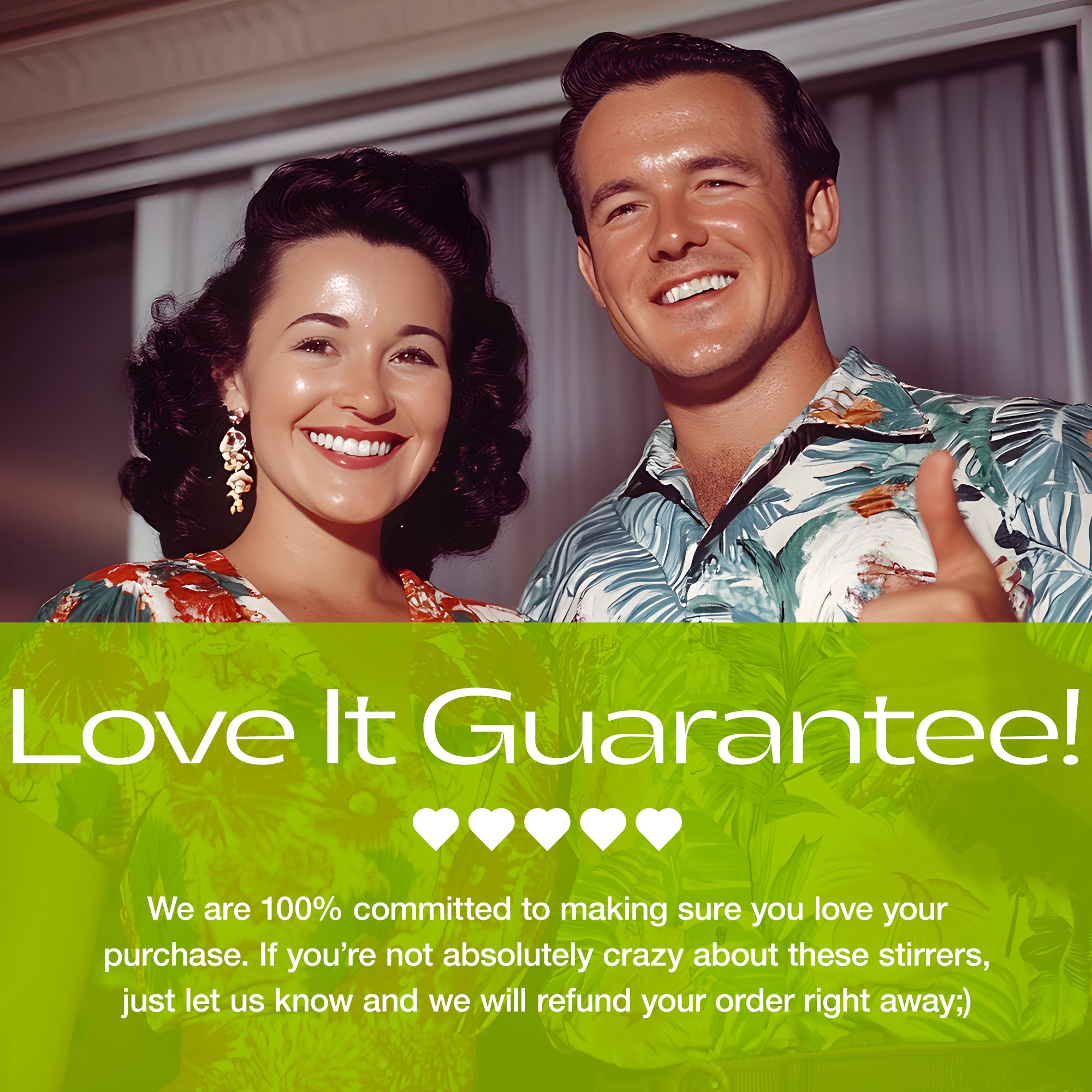 Vintage-style advertisement with a couple and a green banner with text. Rivers and Caves guarantee.