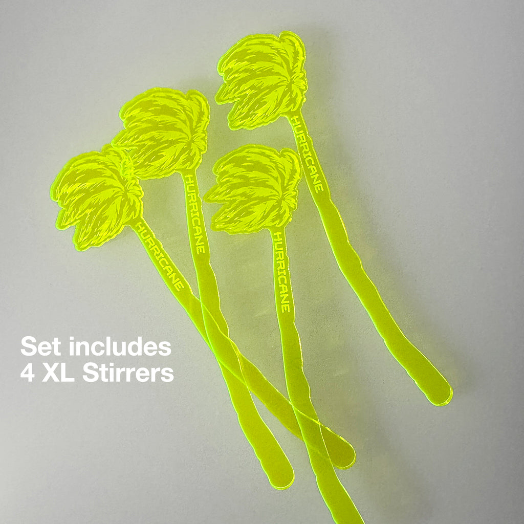 Set of four Hurricane Personalized Swizzle Sticks, Custom Palm Tree Tiki Bar Drink Stirrers with 'Hurricane' branding on a light gray background.