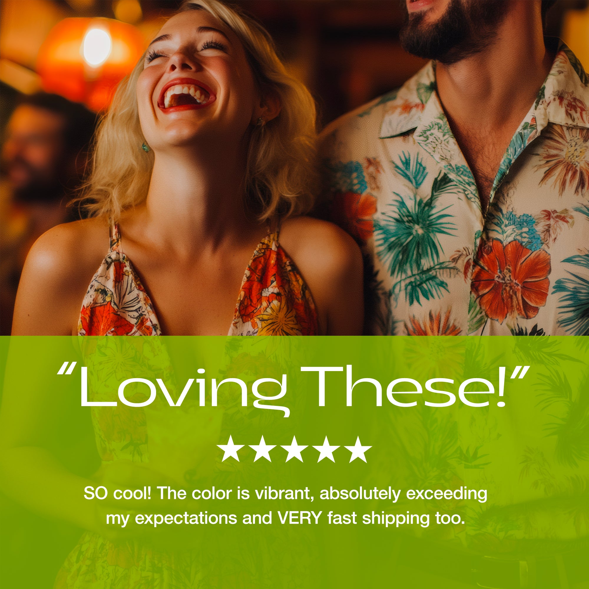 Two people in colorful outfits with a green text overlay and "Loving These" five-star rating for Rivers and Caves Hurricane Personalized Swizzle Stick, Custom Palm Tree Tiki Bar Drink Stirrer 