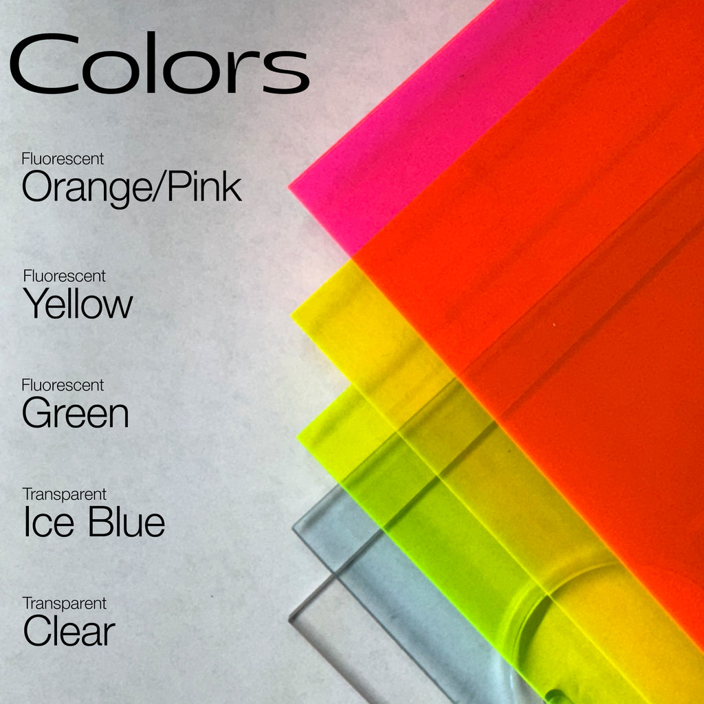 Color swatches including orange/pink, yellow, green, ice blue, and clear on a gray background with text indicating color names.