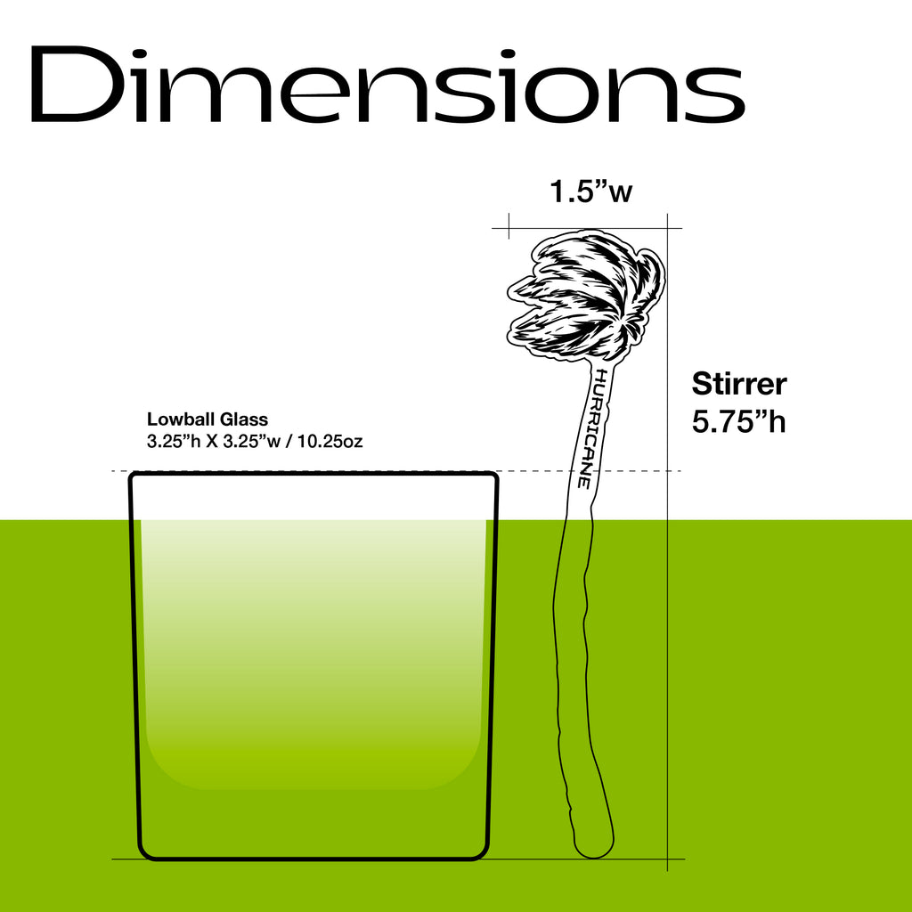 Illustration of a lowball glass and a Hurricane Personalized Swizzle Stick, Custom Palm Tree Tiki Bar Drink Stirrer with dimensions labeled