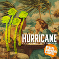 Vintage-style advertisement for Rivers and Caves for Hurricane cocktail stirrers with a tropical scene and text overlay. 