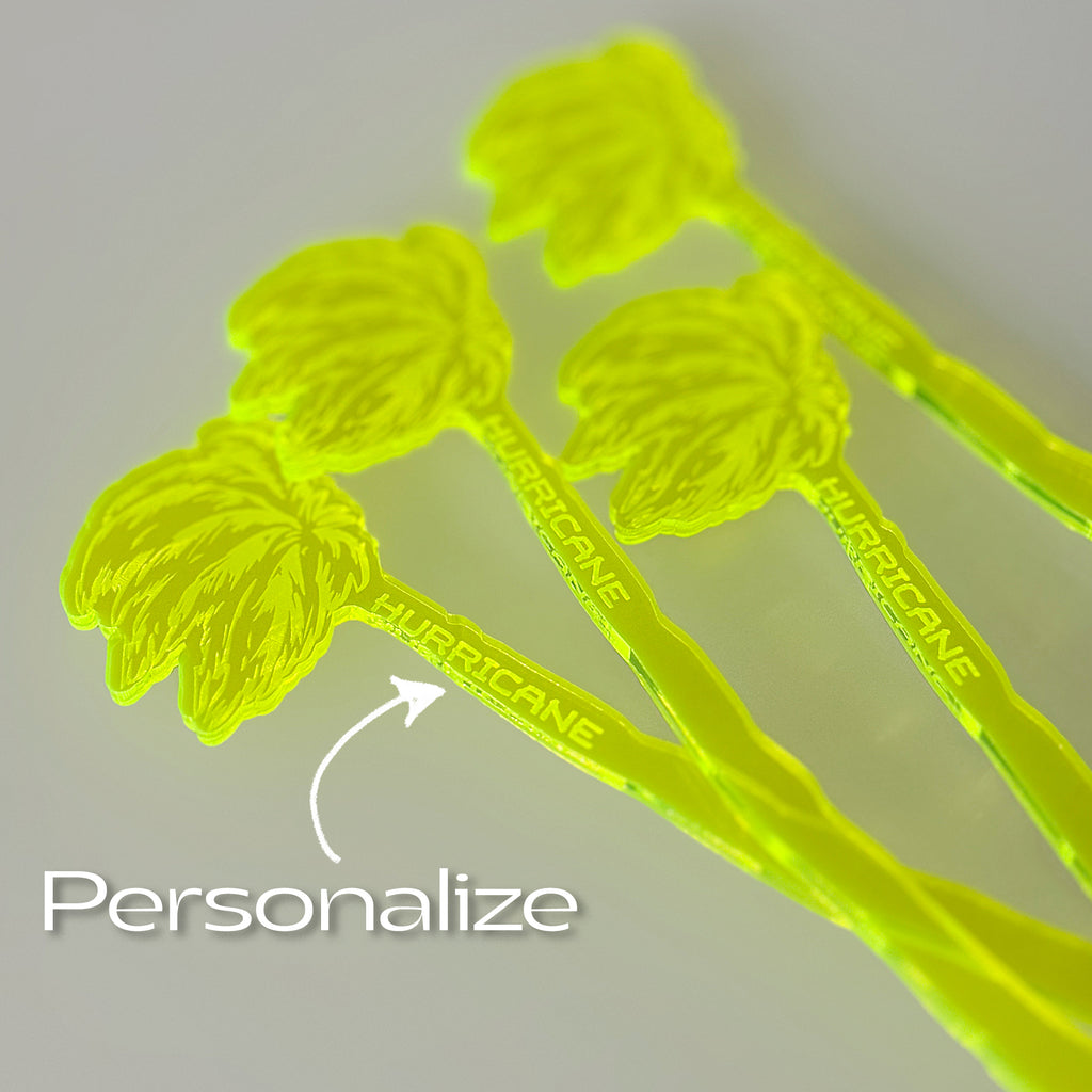 Hurricane Personalized XL Swizzle Sticks Custom Palm Tree Tiki Bar Drink Stirrers with 'Hurricane' branding on a gray background