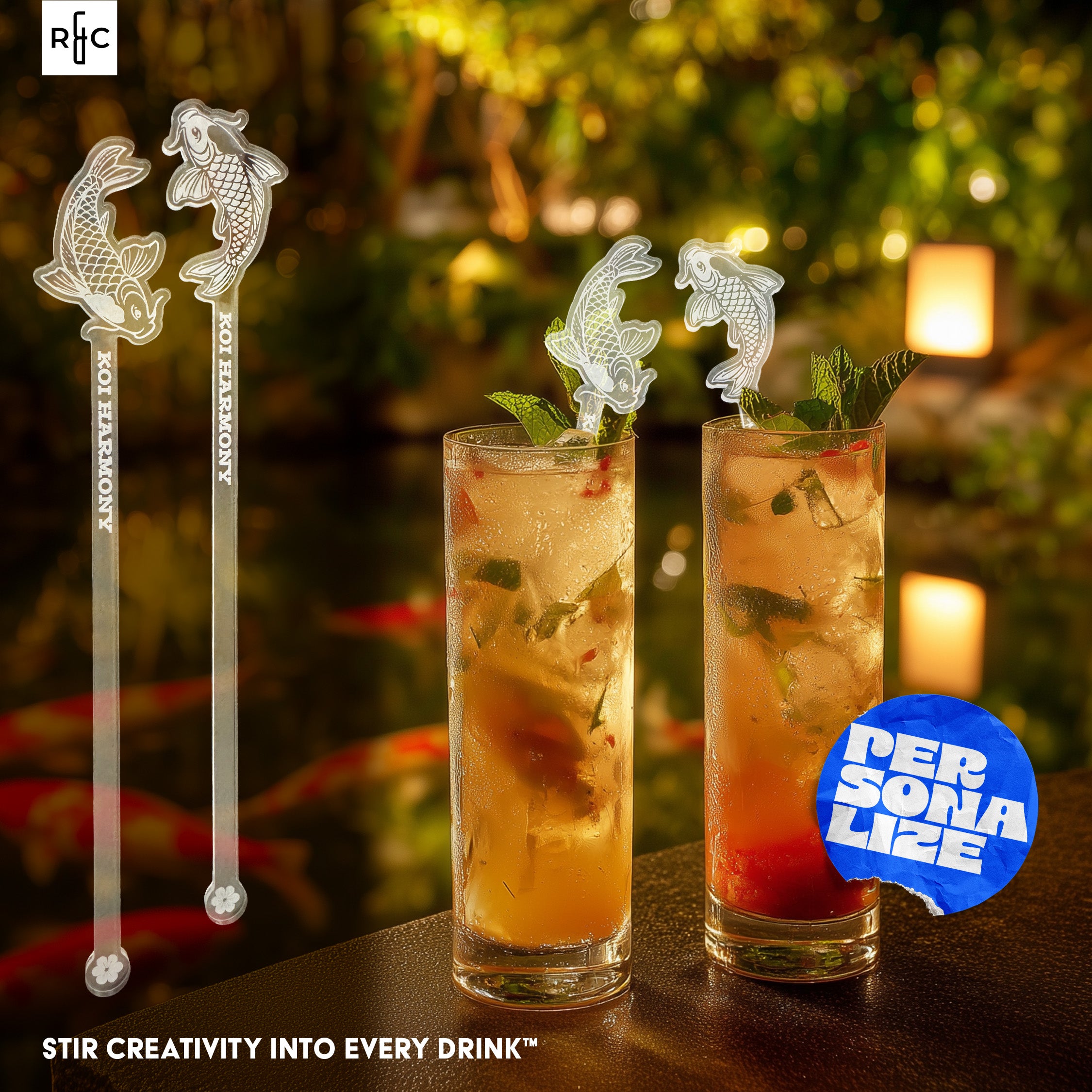 Koi Harmony Stirrers – Personalized Acrylic Koi Swizzle Sticks for Tiki Mugs (Set of 4)