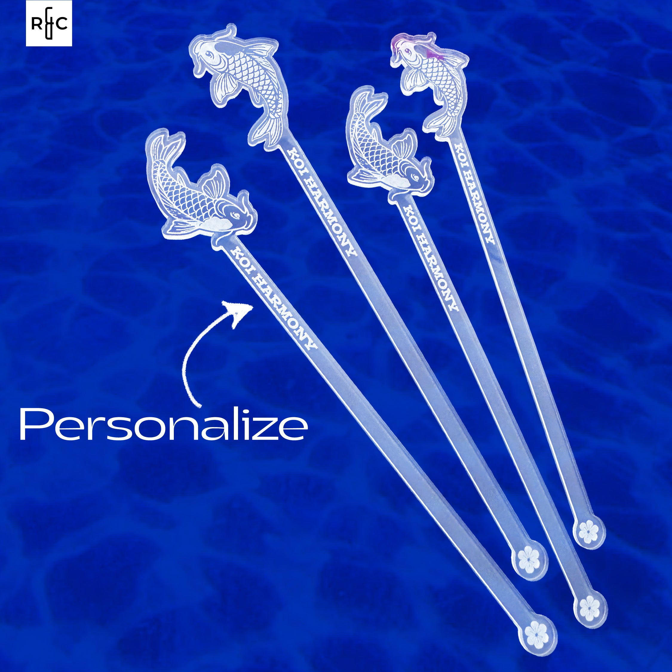 Koi Harmony Stirrers – Personalized Acrylic Koi Swizzle Sticks for Tiki Mugs (Set of 4)