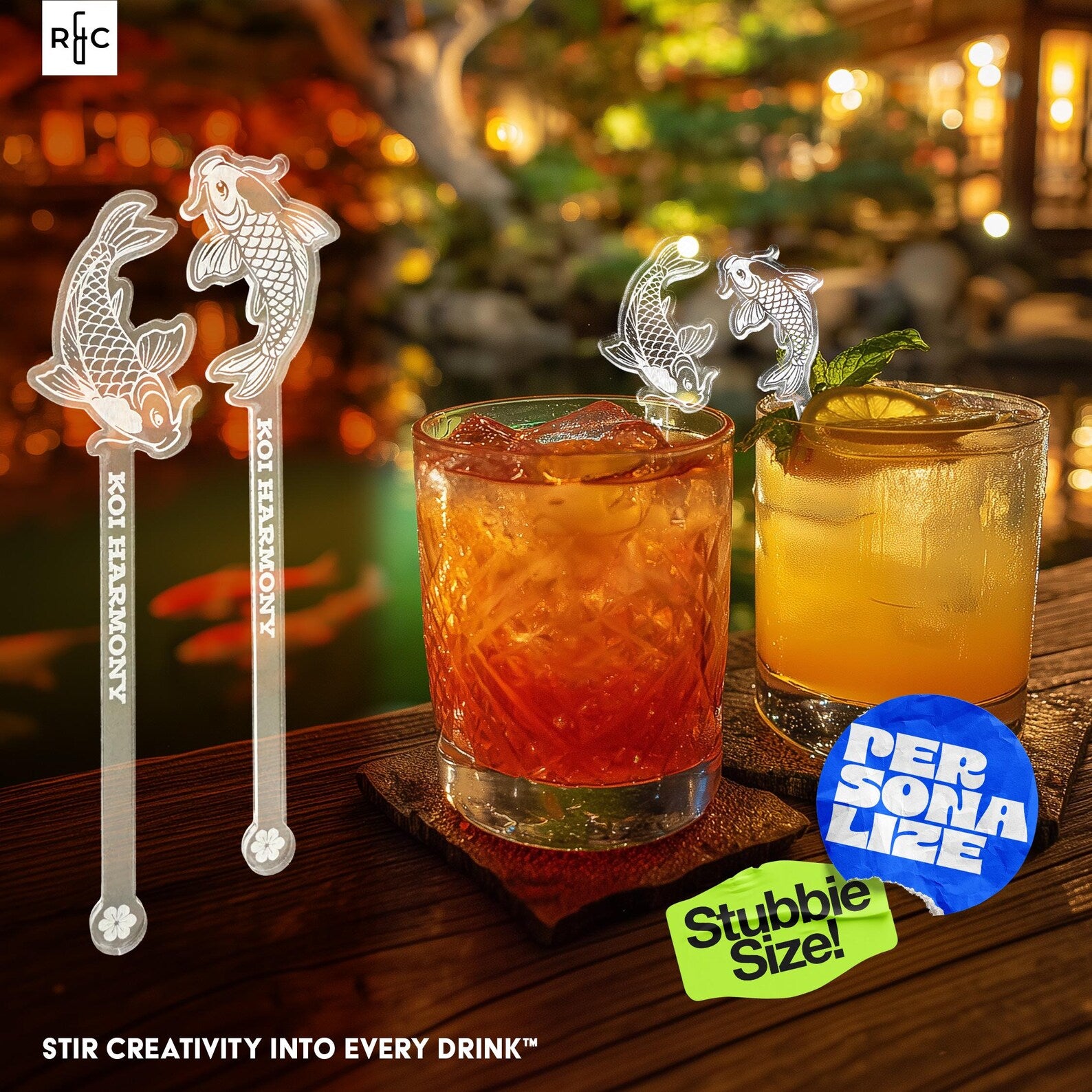 Koi Harmony Stirrer Stubbies – Personalized Acrylic Koi Cocktail Stirrers (Set of 4)