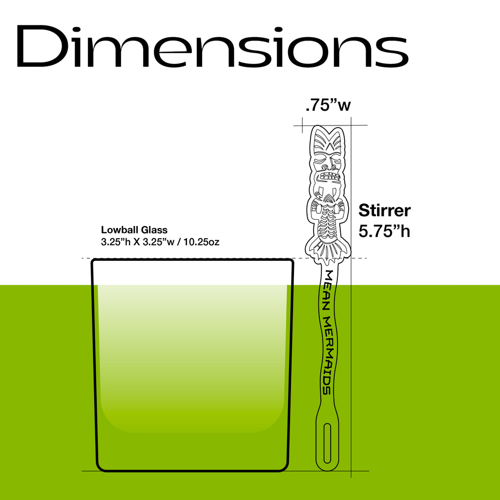 A dimension diagram showing a Mean Mermaids Personalized Stubbie Swizzle Stick next to a lowball glass. The diagram includes measurements for the stirrer.