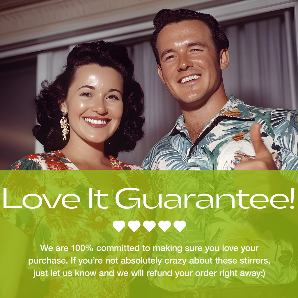 Vintage-style advertisement with a couple smiling, featuring text about a 'Love It Guarantee'. Rivers and Caves Guarantee