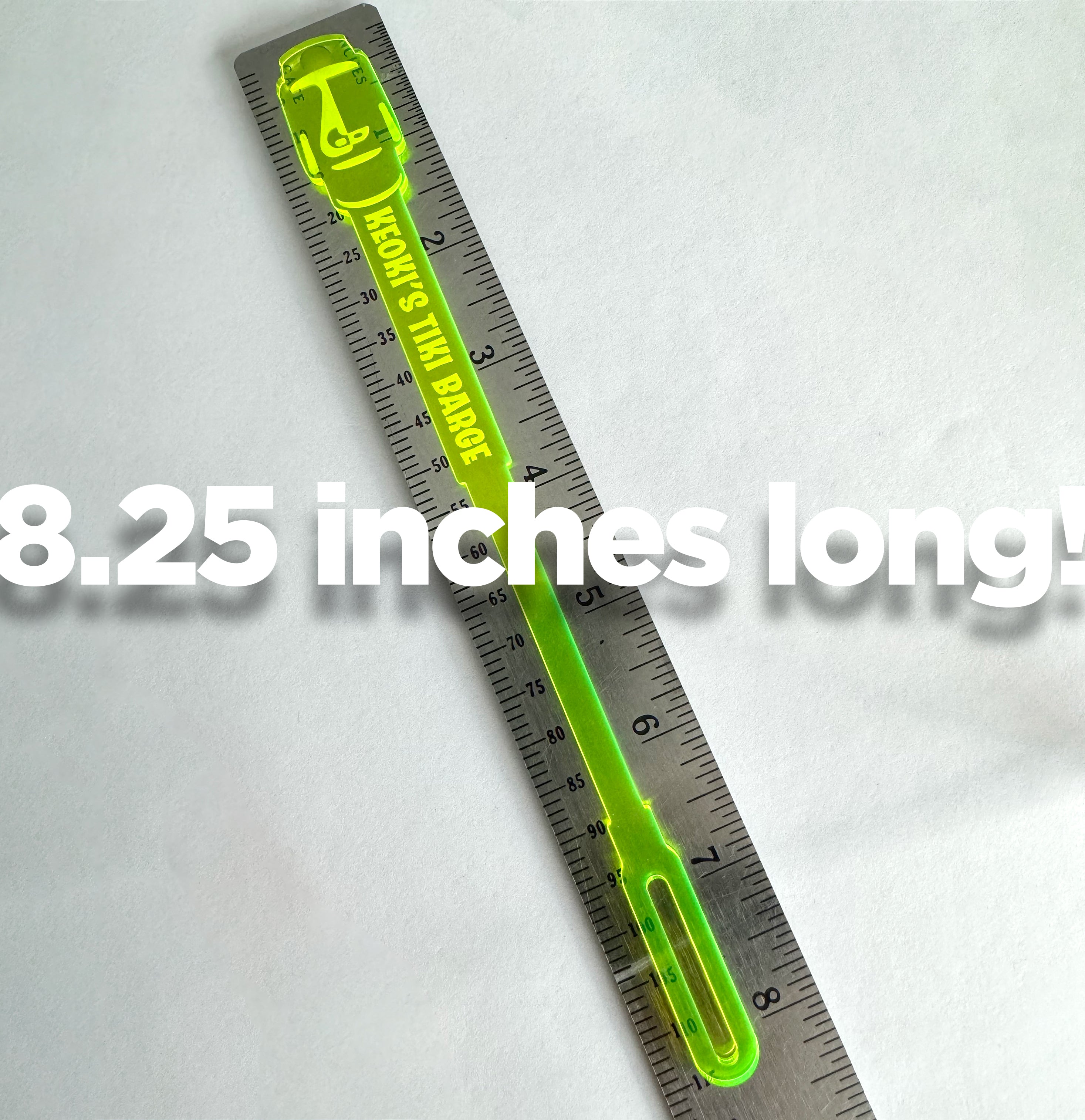 Moai Statue Personalized XL Swizzle Stick on a ruler with measurement text on a white background