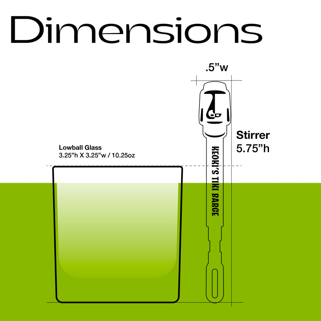 A dimension diagram showing a lowball glass and a Moai Statue Stubbie Drink Stirrer. The image features a white top half with black text reading 'Dimensions' and outlines with measurements, and a bright green bottom half.