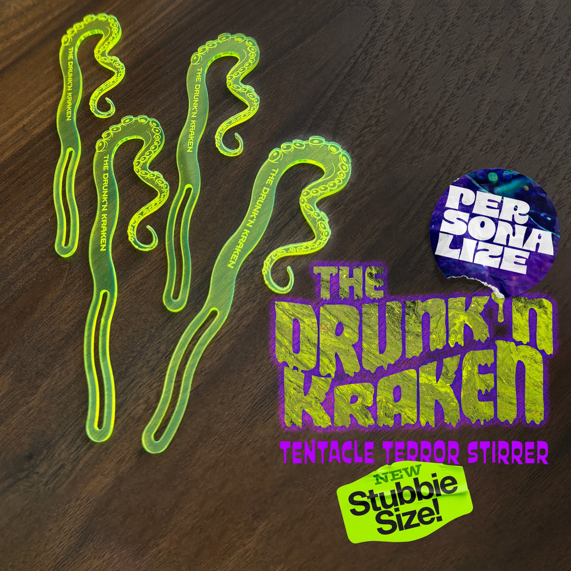 Octopus Tentacle "The Drunken Kraken" Personalized Stubbie Swizzle Sticks arranged on a dark wood surface, with large product text reading 'The Drunk 'N Kraken' and a round badge that says 'Personalize.'.