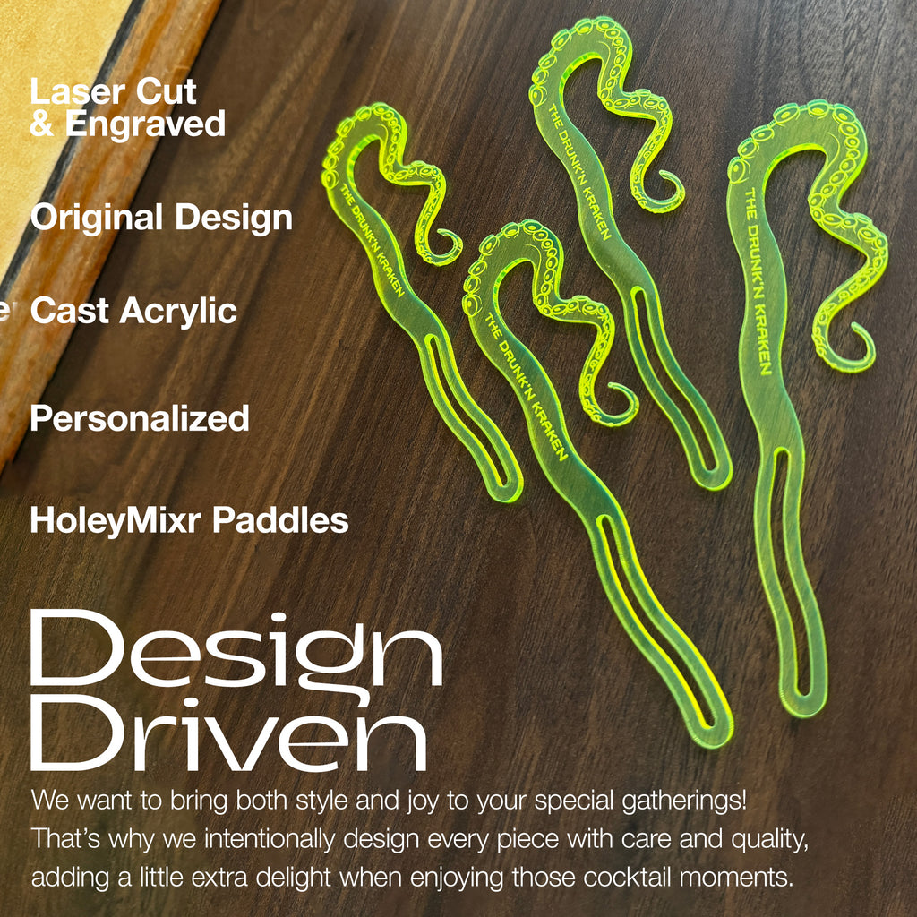 Octopus_Tentacle_The_Drunken_Kraken_Personalized_Stubbie_Swizzle_Sticks and white text reading laid on a dark wood background, with marketing text on the left and bottom.
