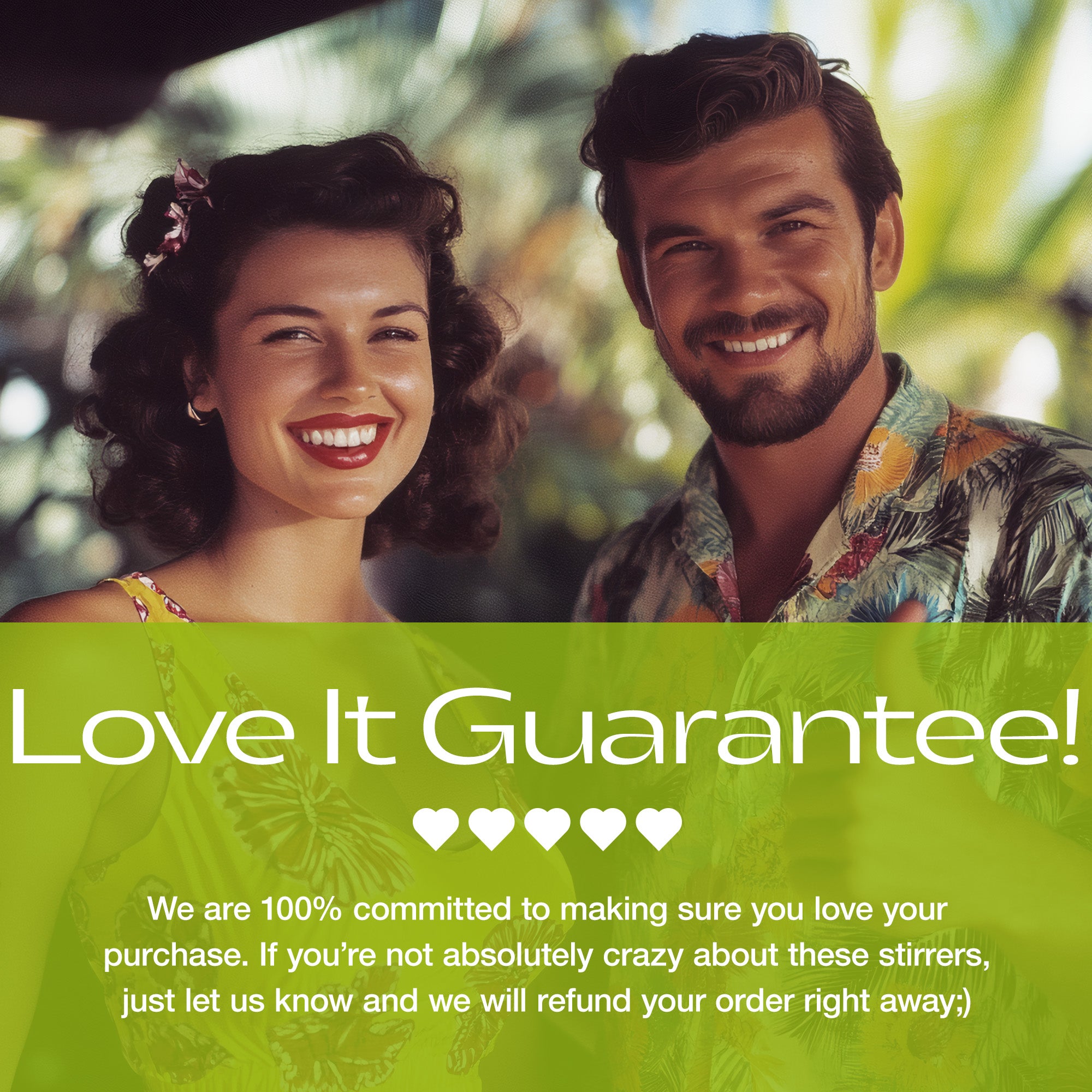 Vintage-style couple with promotional text about a 'Love It Guarantee'. Rivers and Caves Guarantee