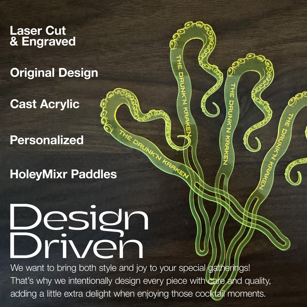 Octopus Tentacle "The Drunken Kraken" Personalized XL Swizzle Sticks on a dark background, featuring text about product features and branding.
