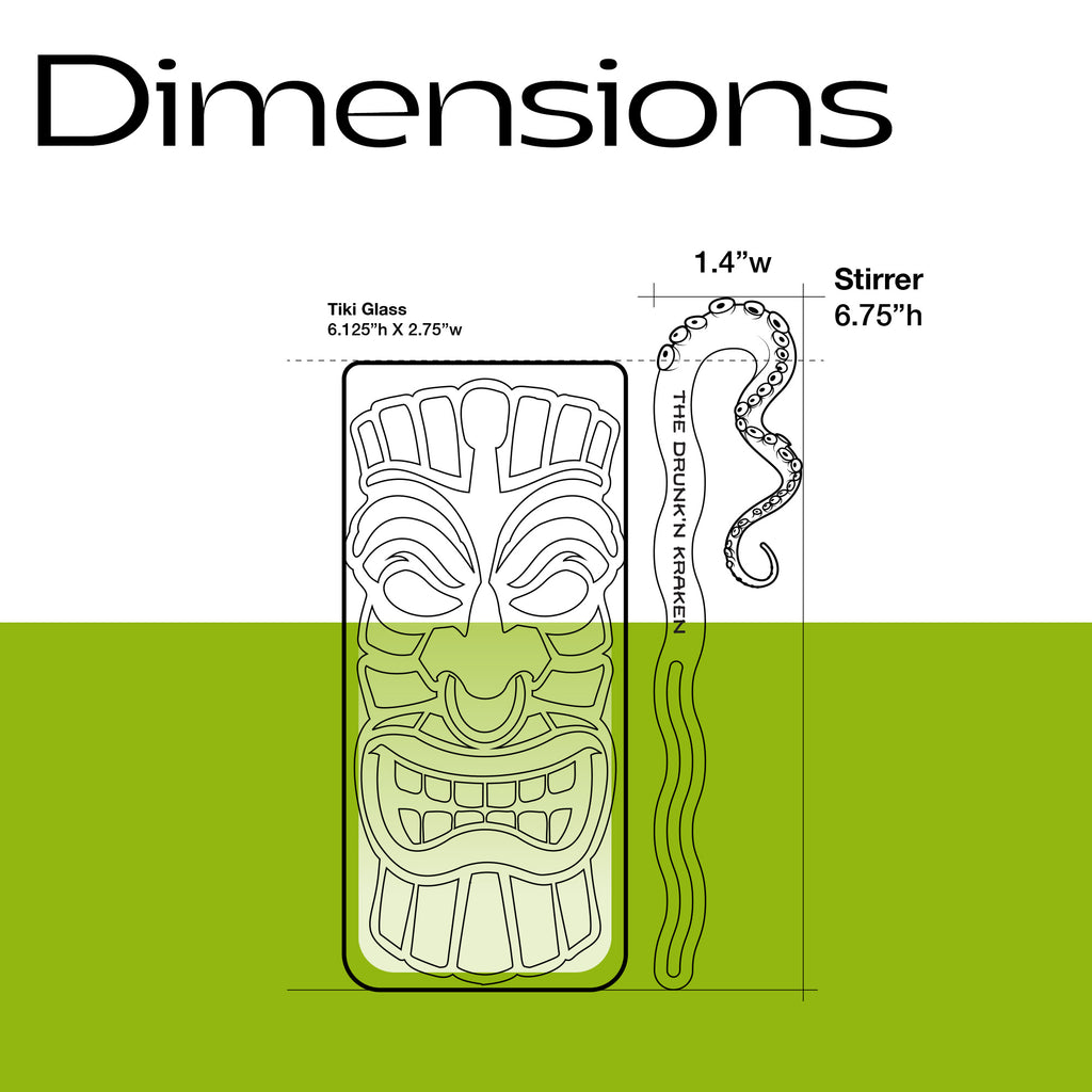Dimensions of a tiki glass and an Octopus Tentacle "The Drunken Kraken" Personalized XL Swizzle Stick with measurements on a white background.