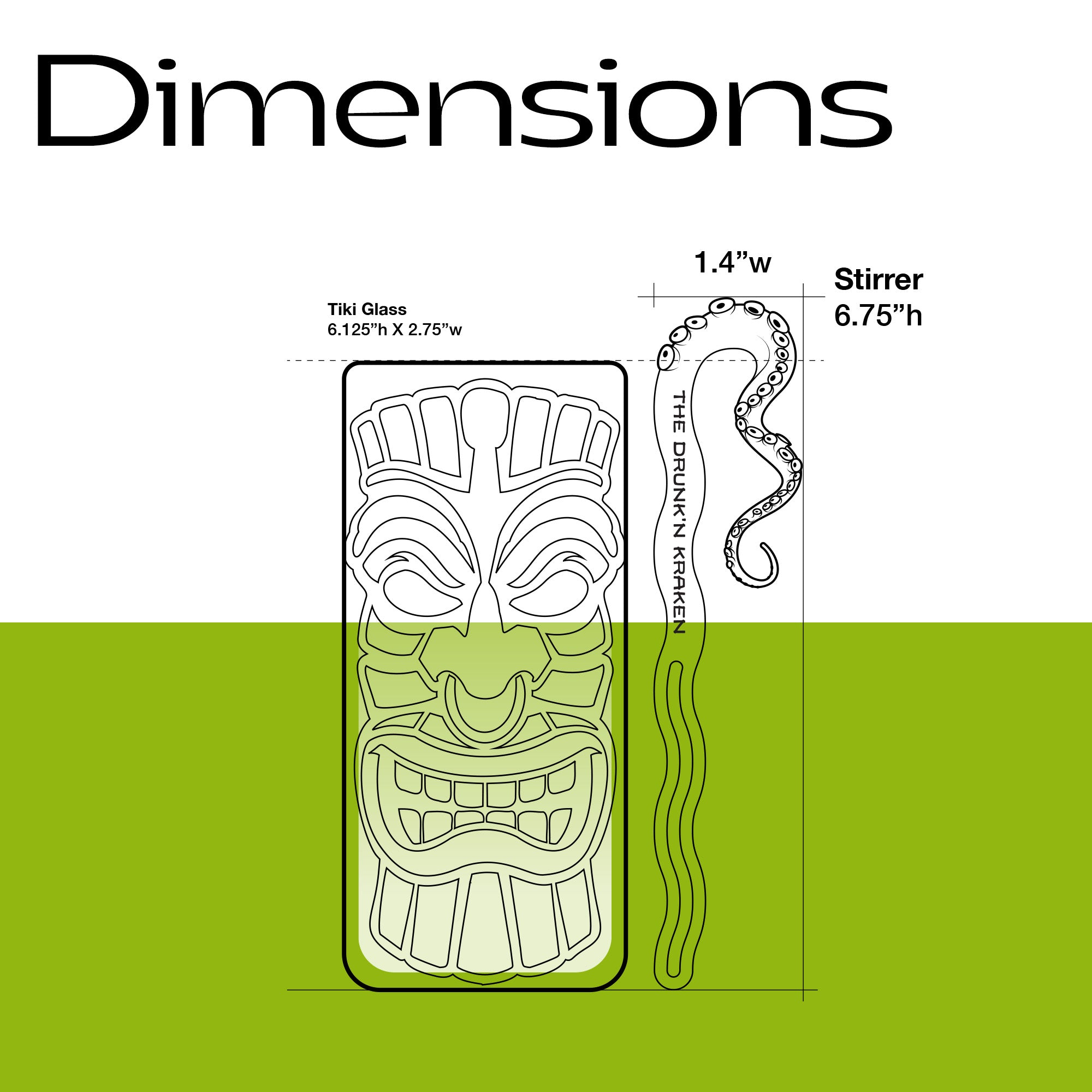 Dimensions of a tiki glass and an Octopus Tentacle "The Drunken Kraken" Personalized XL Swizzle Stick with measurements on a white background.