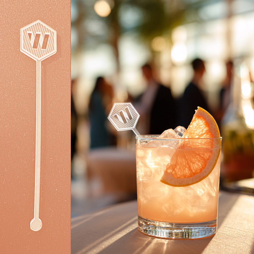 Women in Tech branded drink stirrer in a cocktail at a hotel bar corporate event