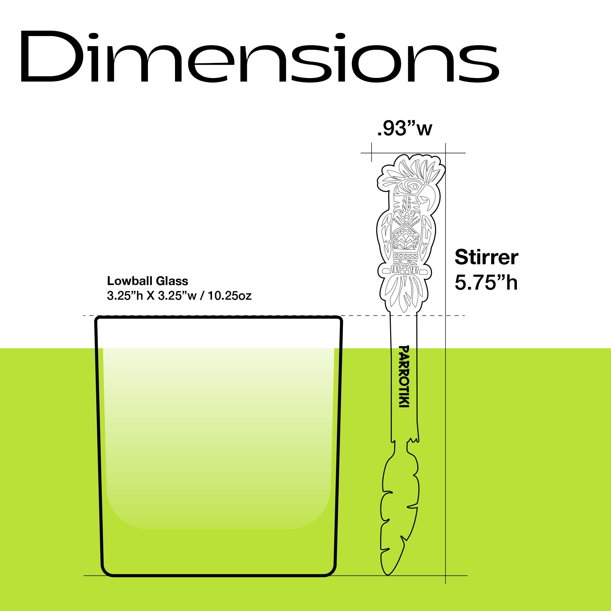 A dimension diagram showing a lowball glass and a Parrotiki Cocktail Stubbie Stirrer.  The lowball glass is labeled.