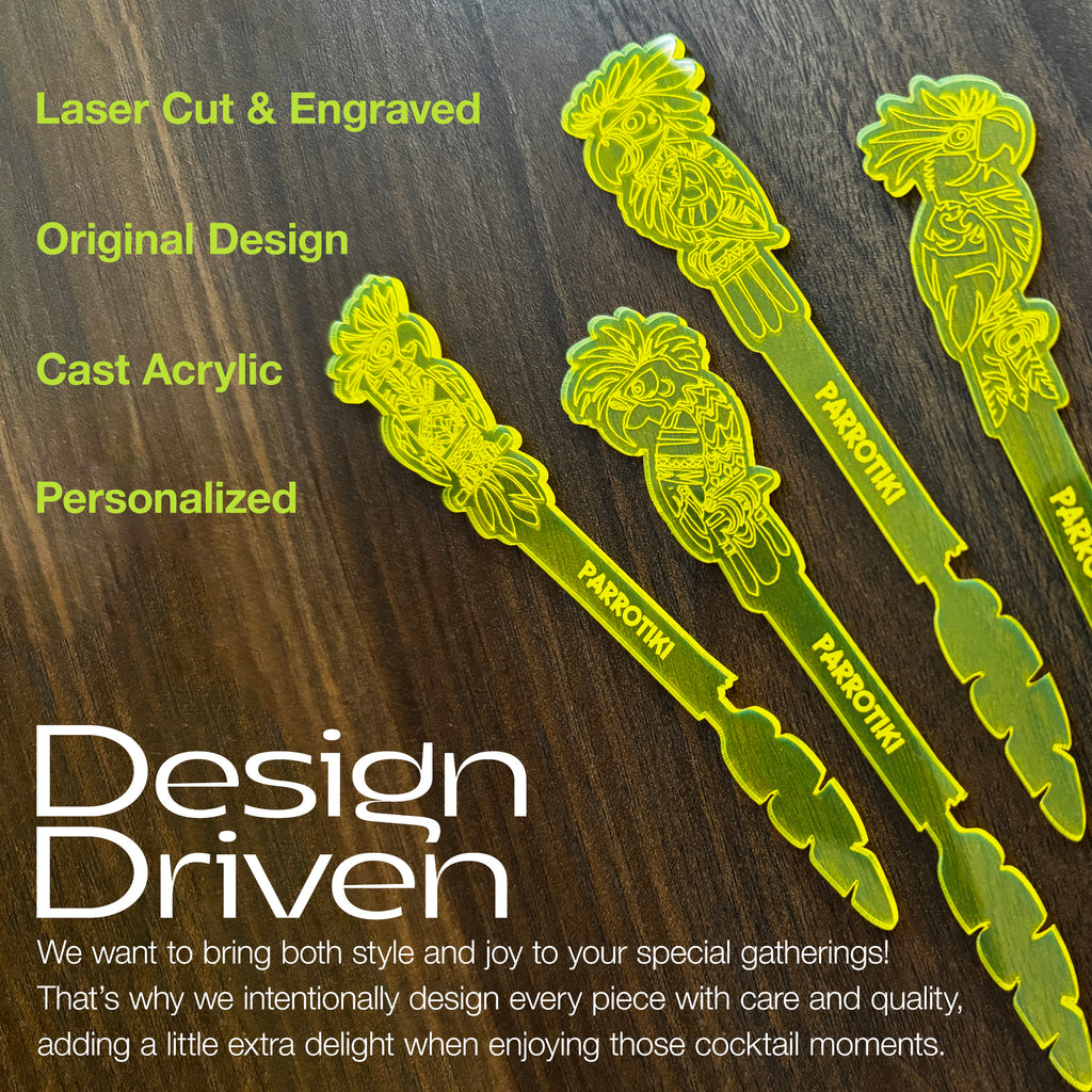 Parrotiki Cocktail Stubbie Stirrer sacrylic cocktail stirrers with engraved parrot designs, displayed on a dark wood background with promotional text overlays.