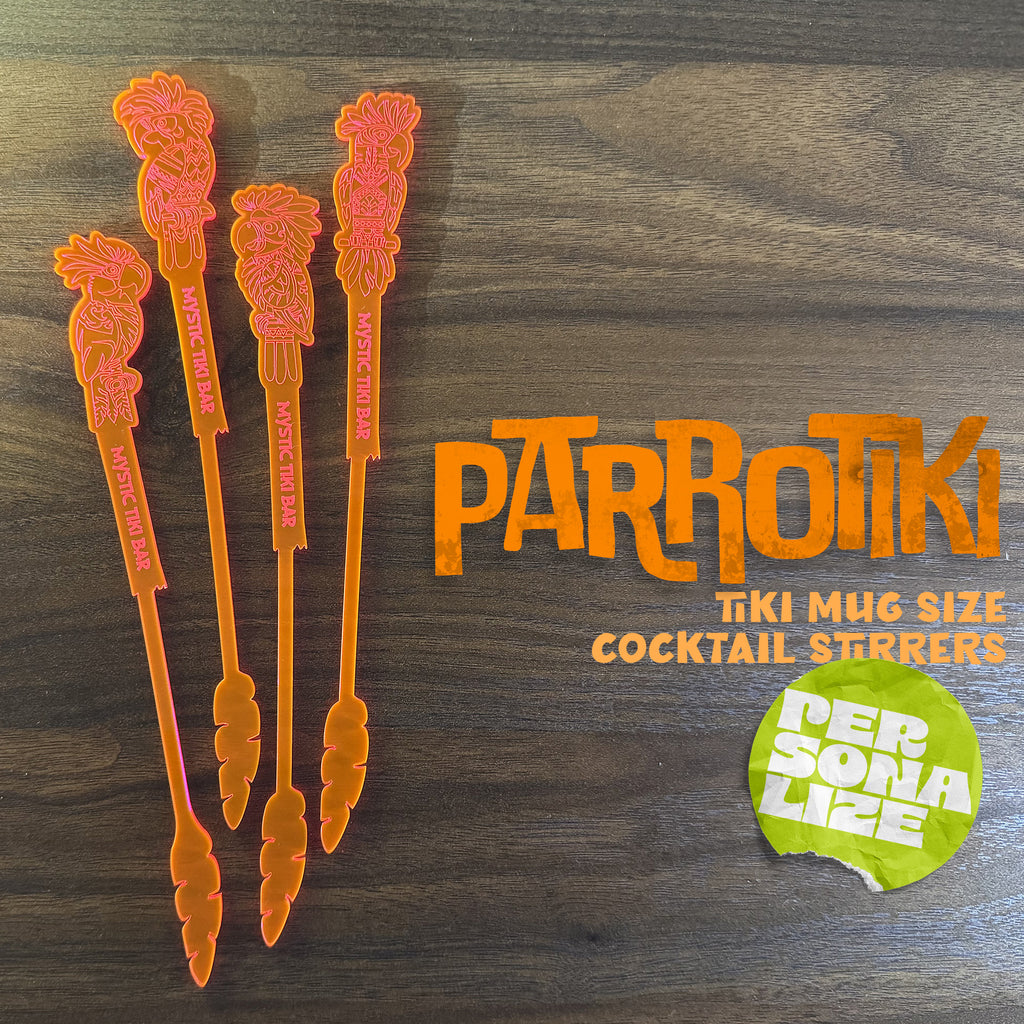 Orange Parrot cocktail drink stirrers with 'Parrotiki' branding on a wooden surface