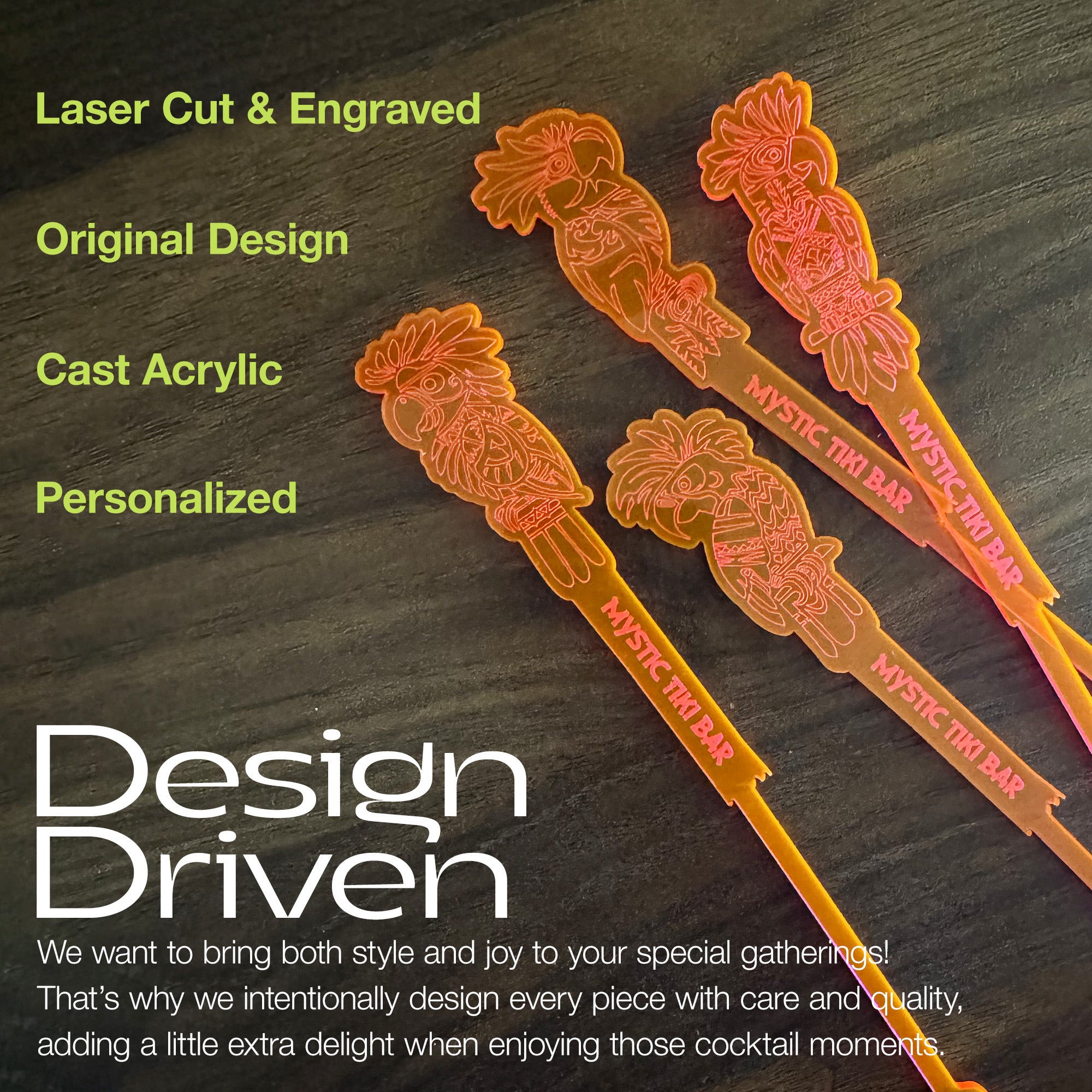 Orange Parrot cocktail drink stir sticks with engraved design on a dark surface, featuring text about product features and brand message.