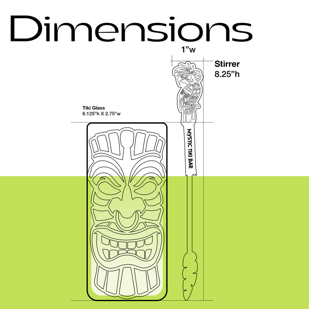 Dimensions of a tiki glass and a parrot drink stirrer with 'Mystic Tiki Bar' branding on a white background.