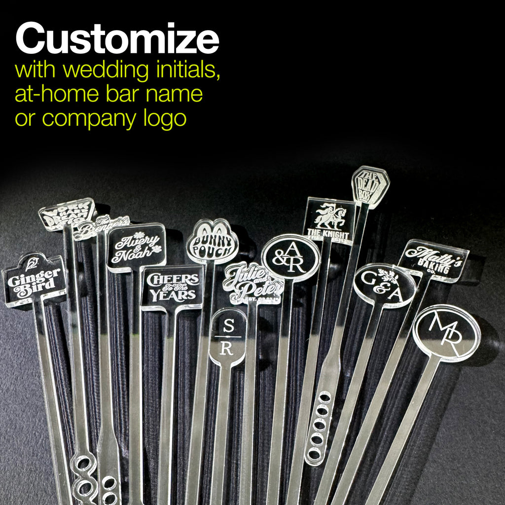 personalized acrylic cocktail stirrers,  swizzle sticks and garnish picks with various logos, initials and corporate logos on a black background