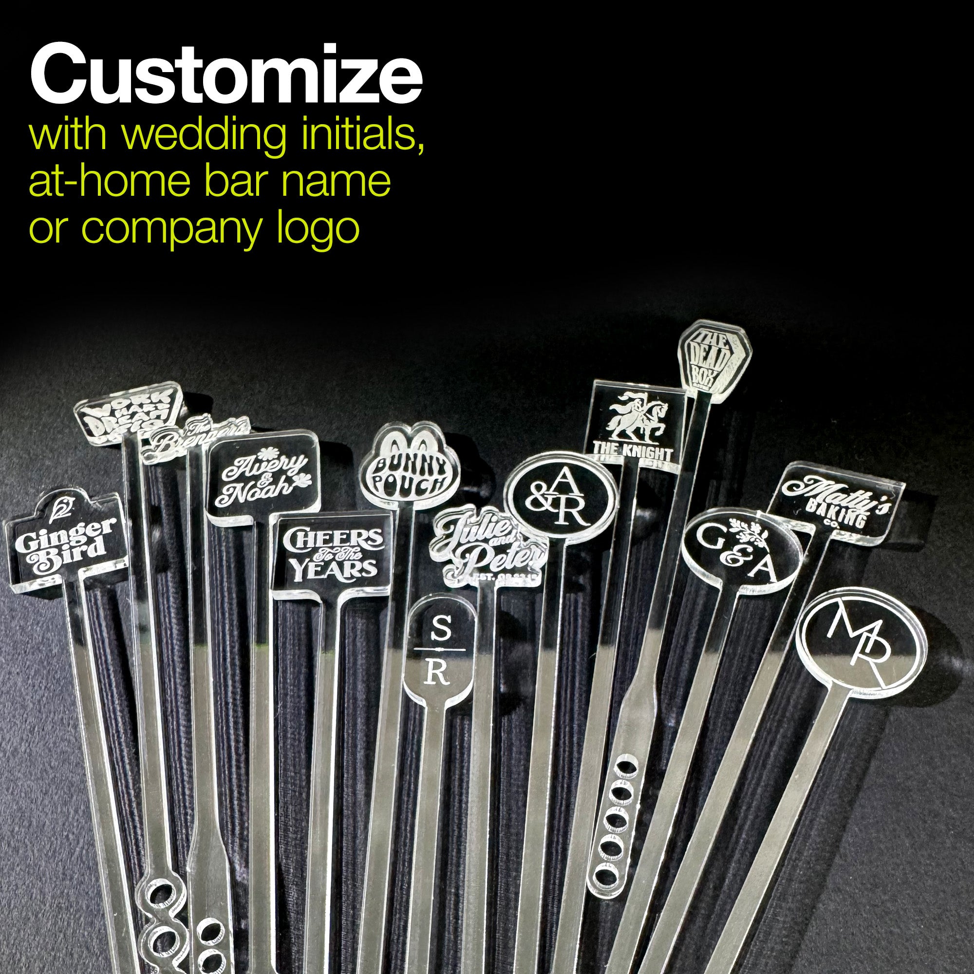 personalized acrylic cocktail stirrers,  swizzle sticks and garnish picks with various logos, initials and corporate logos on a black background