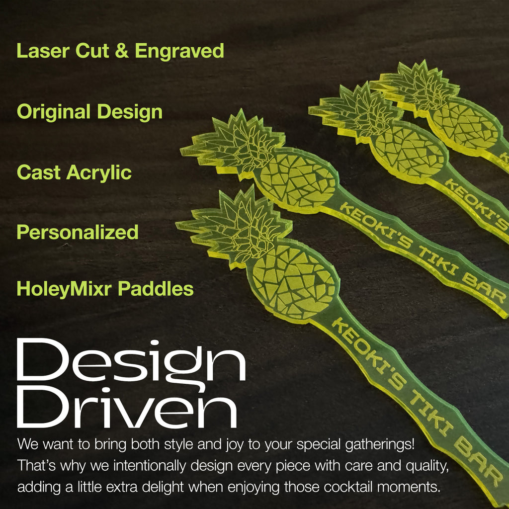 Pineapple shaped personalized drink stirrers with branding on a black background, featuring text about product features and design philosophy.