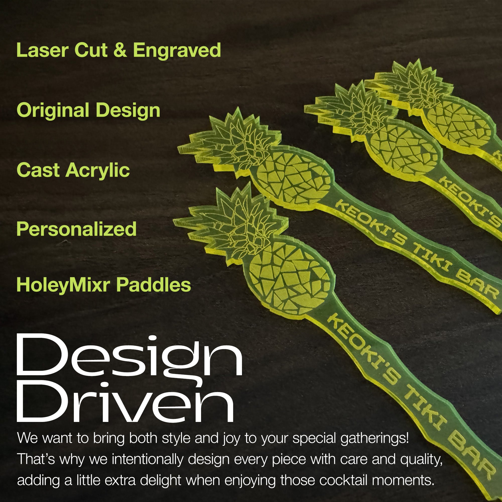 Pineapple shaped personalized drink stirrers with branding on a black background, featuring text about product features and design philosophy.