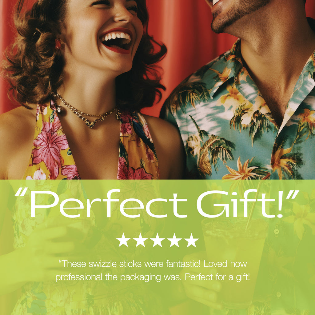 Two people in tropical outfits with a 'Perfect Gift!' text overlay.