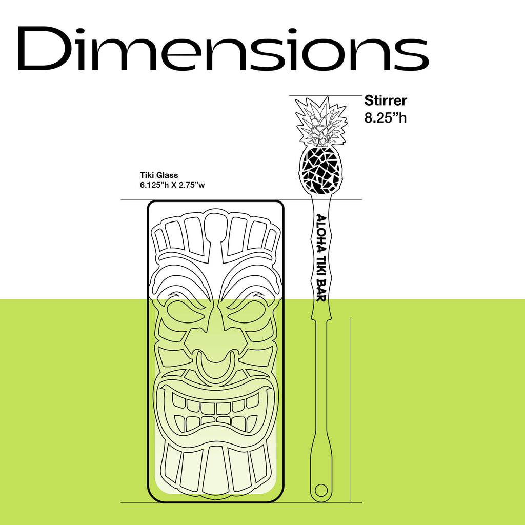 Dimensions of a tiki glass and a pineapple personalized drink stirrer with a green background