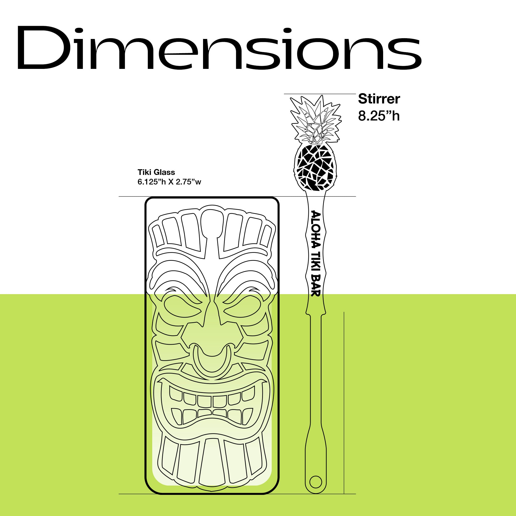 Dimensions of a tiki glass and a pineapple personalized drink stirrer with a green background