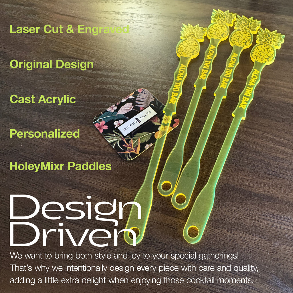 Personalized Pineapple Drink Stirrers on a wooden surface with design driven promotional text.