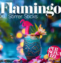 Flamingo Personalized Drink Stirrer. A cocktail with pink flamingo personalized drink stirrer stick against a colorful blurred background
