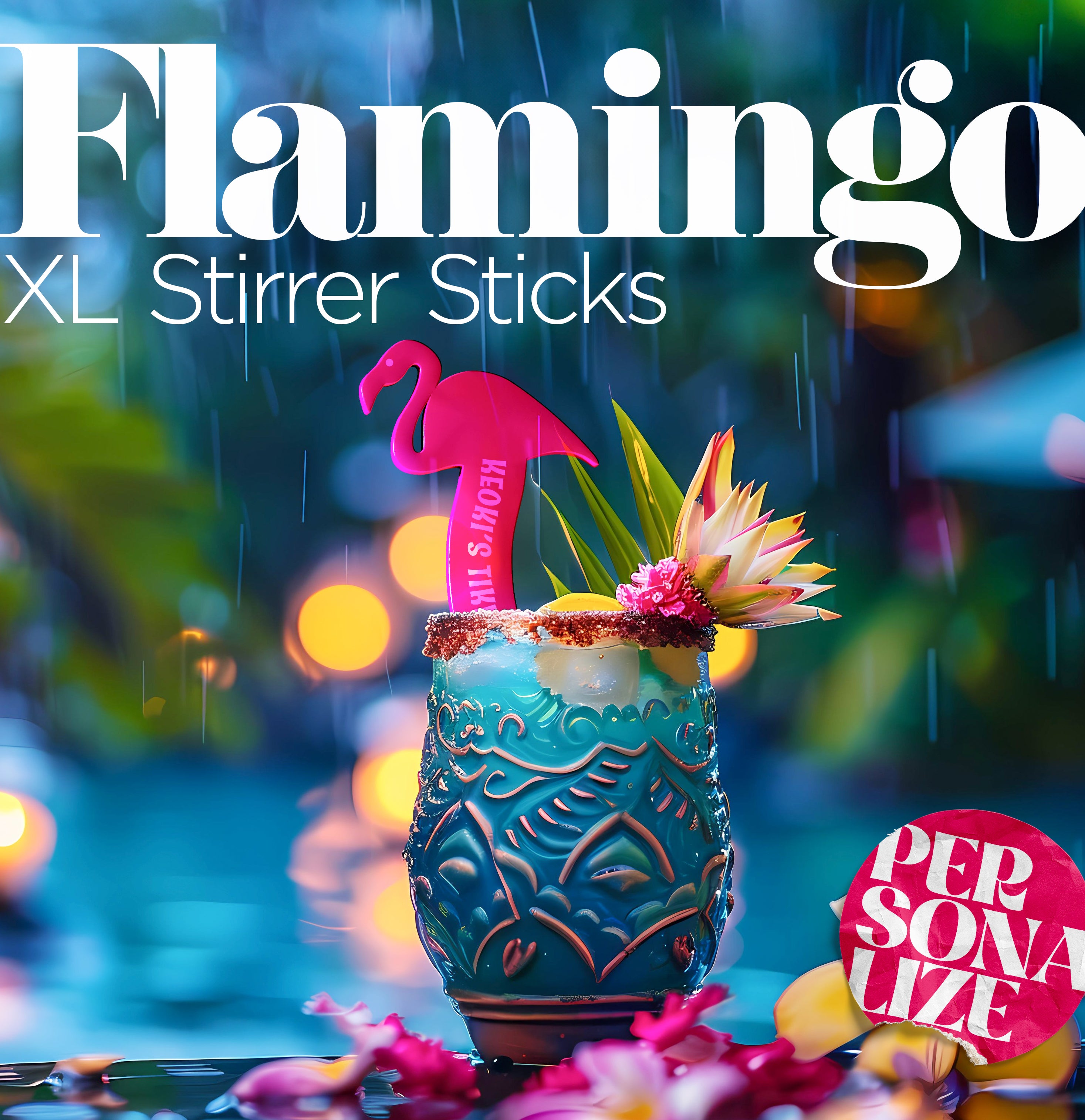 Flamingo Personalized Drink Stirrer. A cocktail with pink flamingo personalized drink stirrer stick against a colorful blurred background