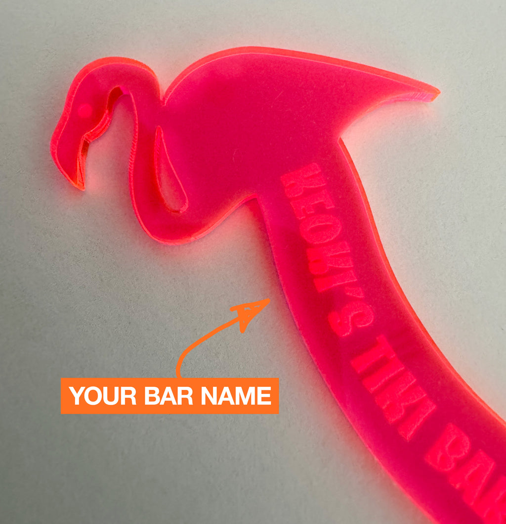 Pink Flamingo Personalized Drink Stirrer with 'Your Bar Name' text on a light gray background