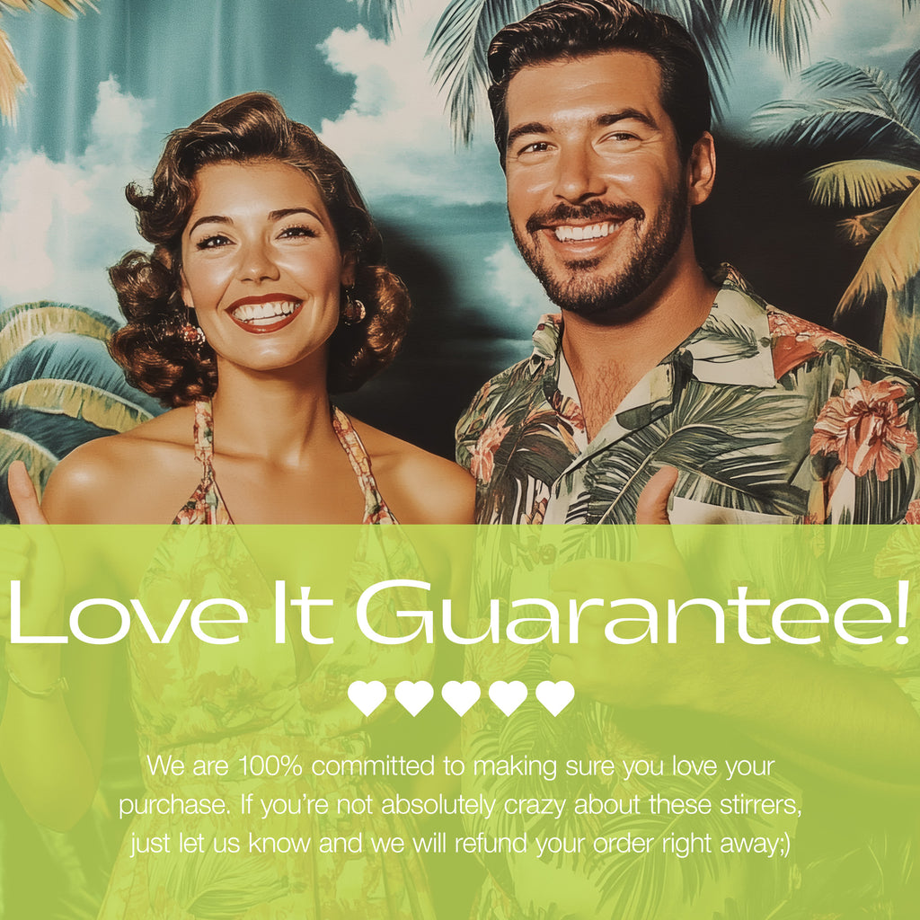 Man and woman posing in front of palm trees with a 'Love It Guarantee!' message.