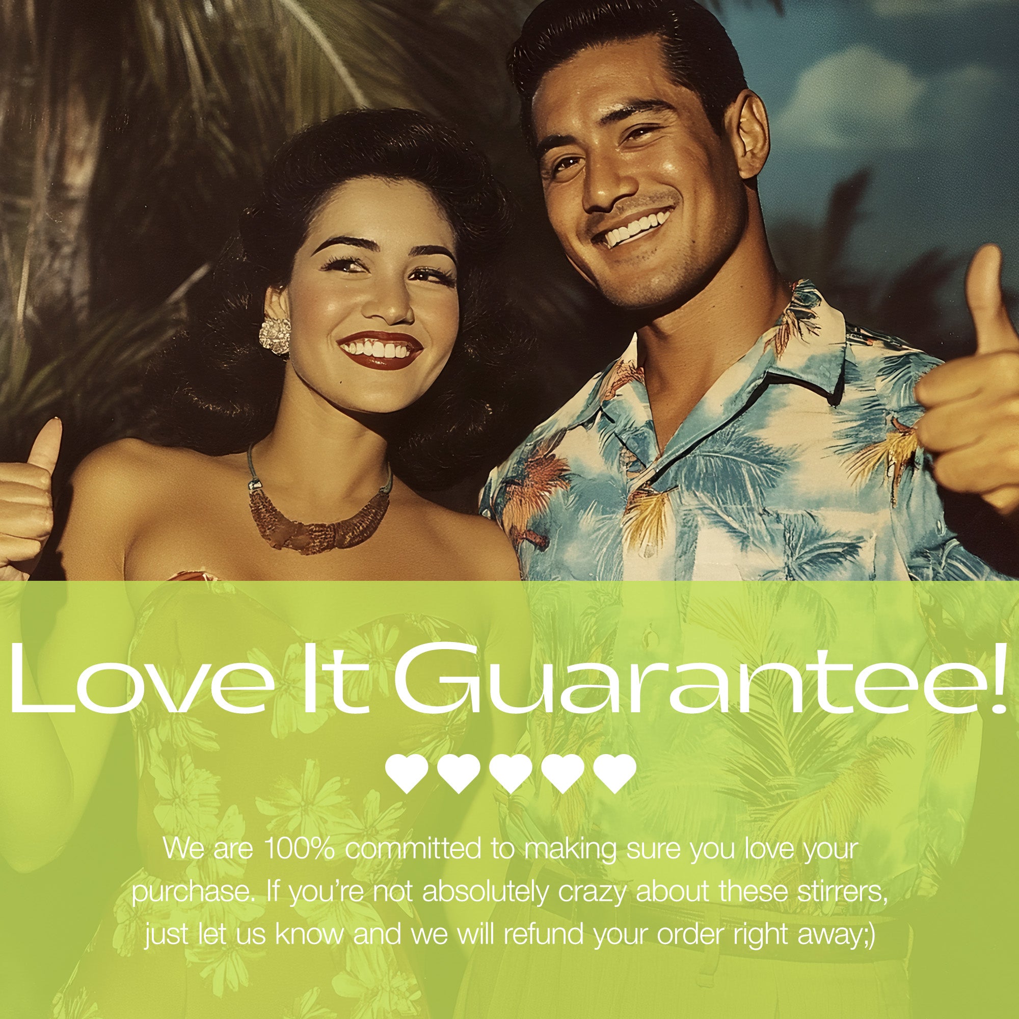 Two people giving thumbs up with a promotional message about a 'Love It Guarantee'.
