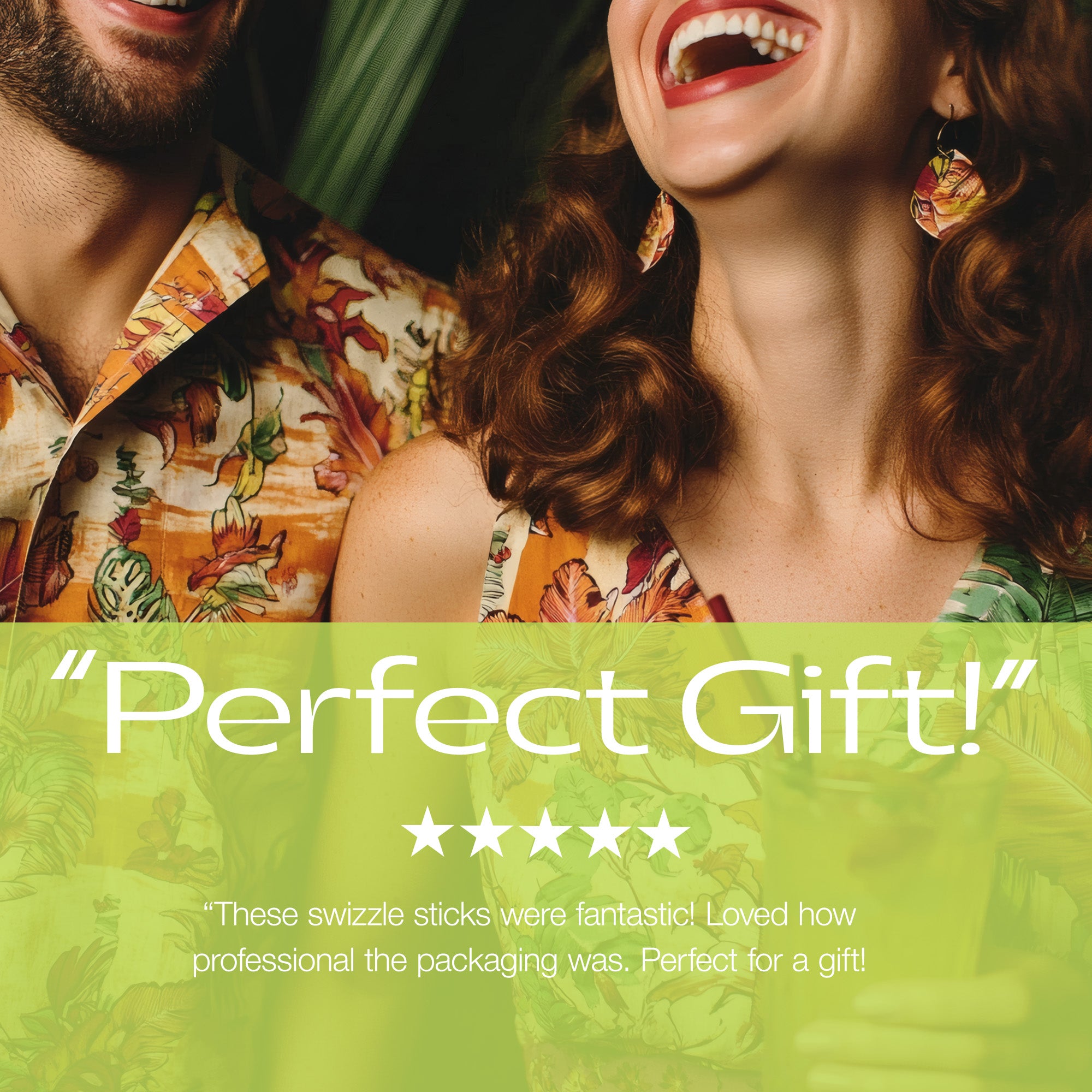 Two people in colorful outfits with a 'Perfect Gift!' text overlay and five-star rating. Customer Review for Rivers and Caves