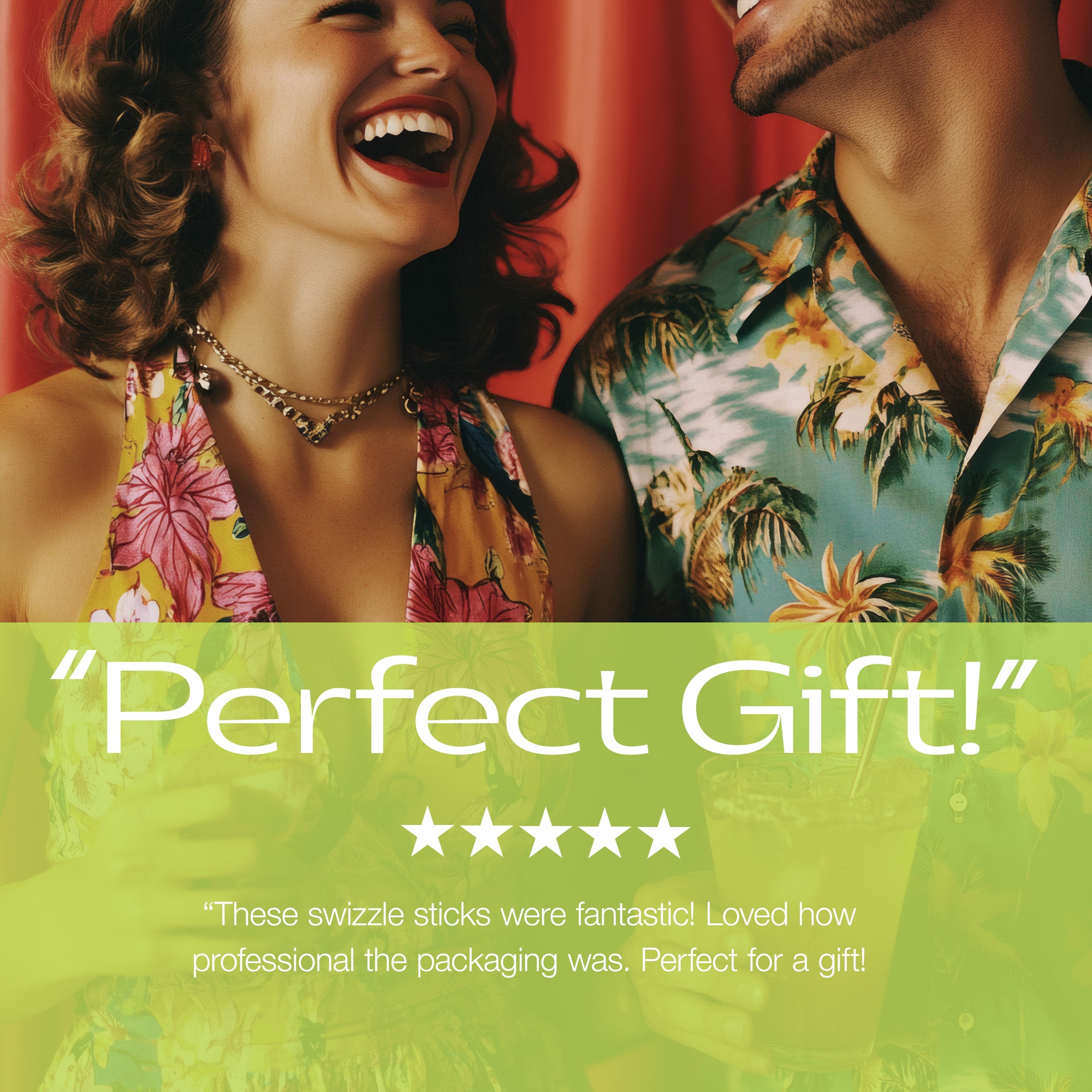Two people in tropical outfits with a 'Perfect Gift!' text overlay. Customer Review for Rivers and Caves