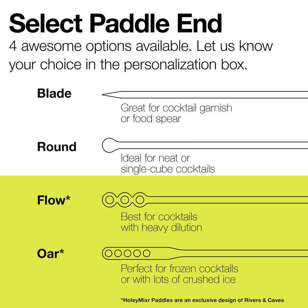 Custom and personalized acrylic cocktail stirrers & swizzle sticks - end selection - blade for garnish pick, round for drink stirrer, flow for cocktails with heavy dilution, oar for frozen cocktails with lots of crushed ice