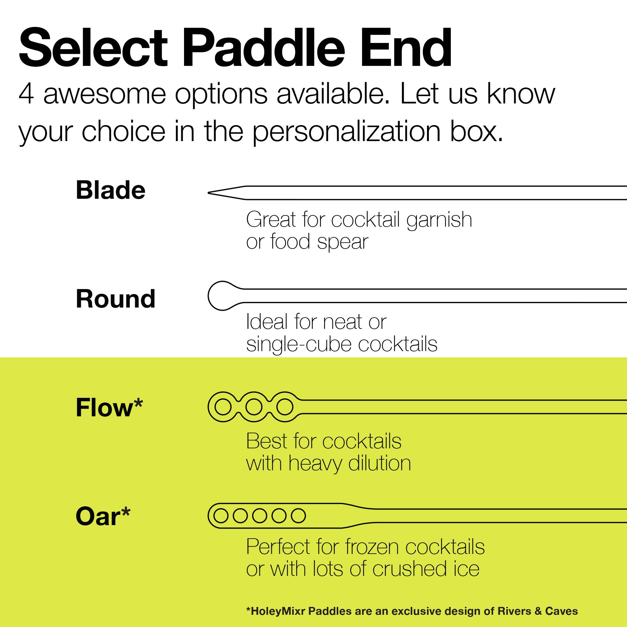 Custom and personalized acrylic cocktail stirrers & swizzle sticks - end selection - blade for garnish pick, round for drink stirrer, flow for cocktails with heavy dilution, oar for frozen cocktails with lots of crushed ice