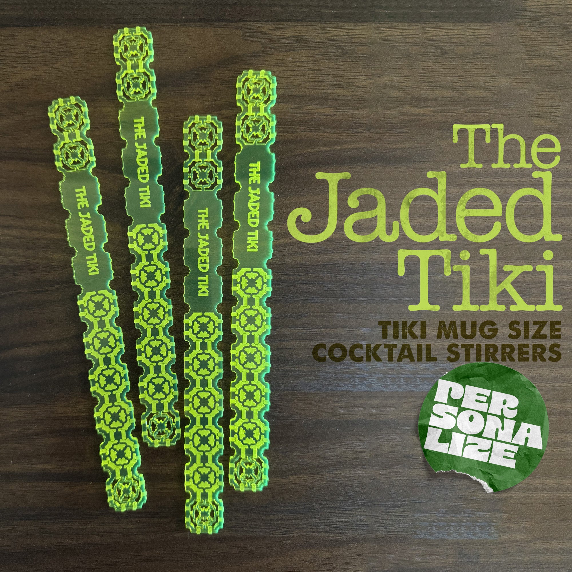 The Jaded Tiki_Jade Tile Personalized XL Drink Stirrers branding on a wooden surface.