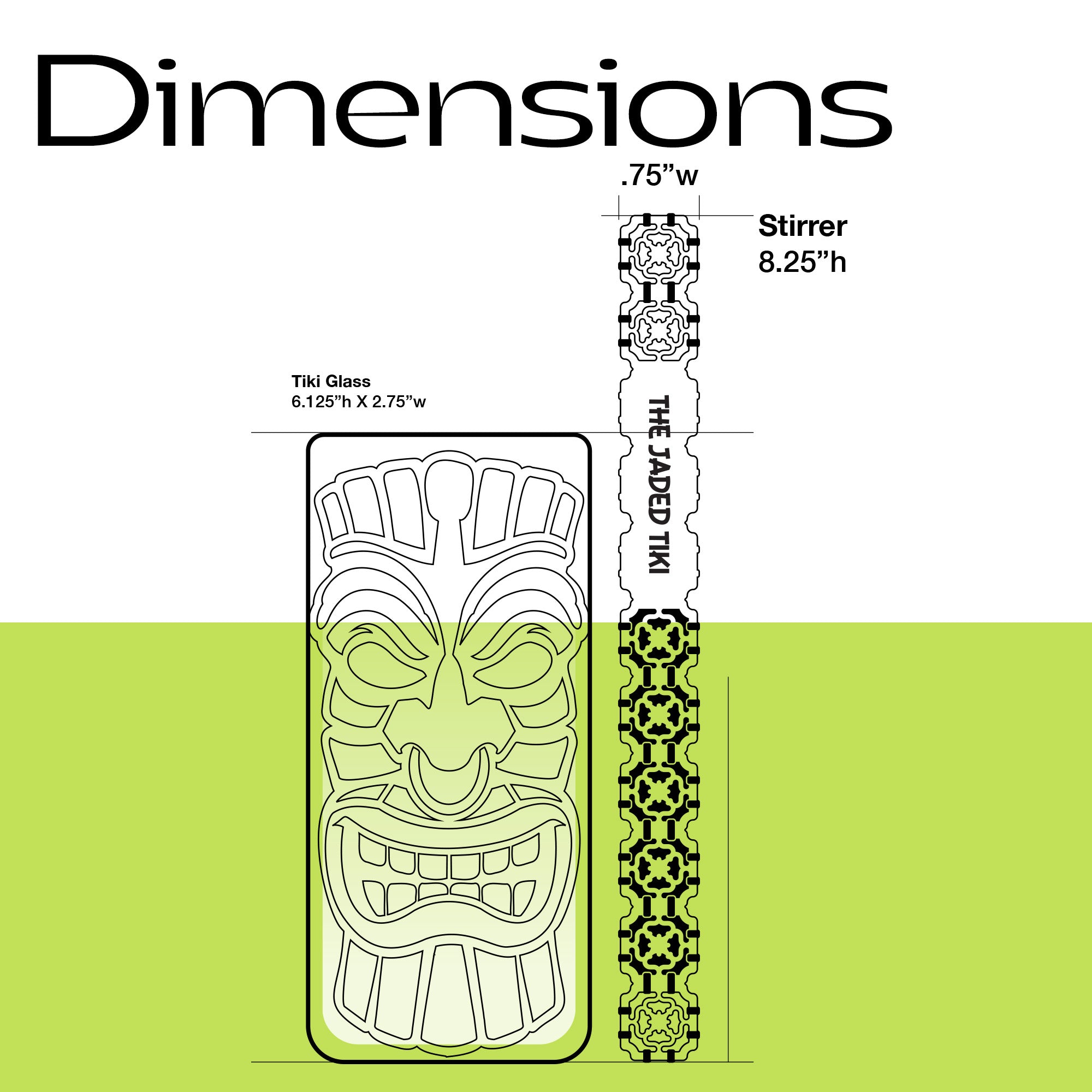 Dimensions of a tiki glass and a The Jaded Tiki_Jade Tile Personalized XL Drink Stirrers on a white background.