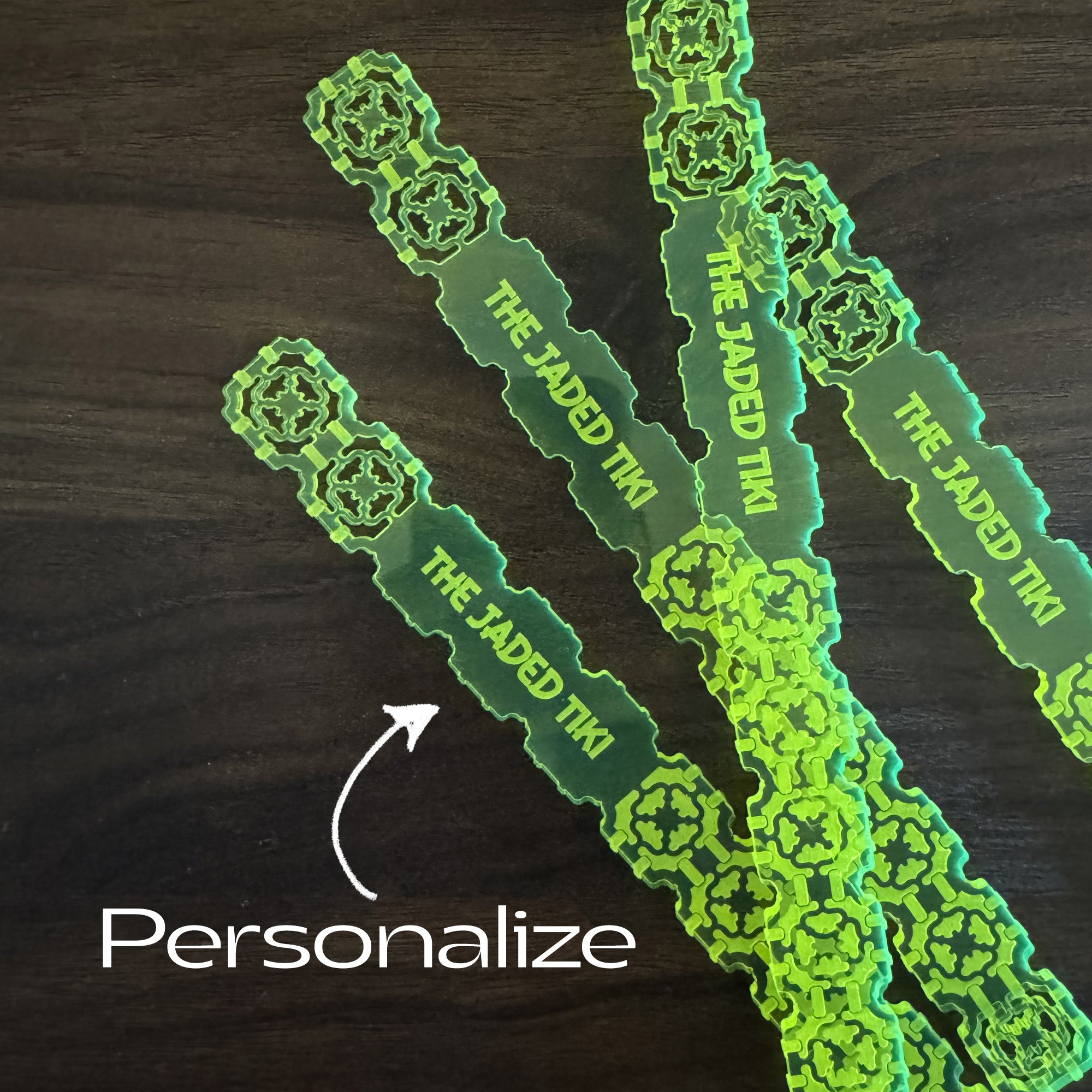 The Jaded Tiki_Jade Tile Personalized XL Drink Stirrers branding on a dark background